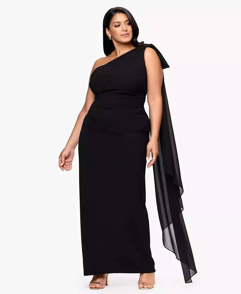 Xscape Plus-Size One-Shoulder Sash Gown - Black - 18W
