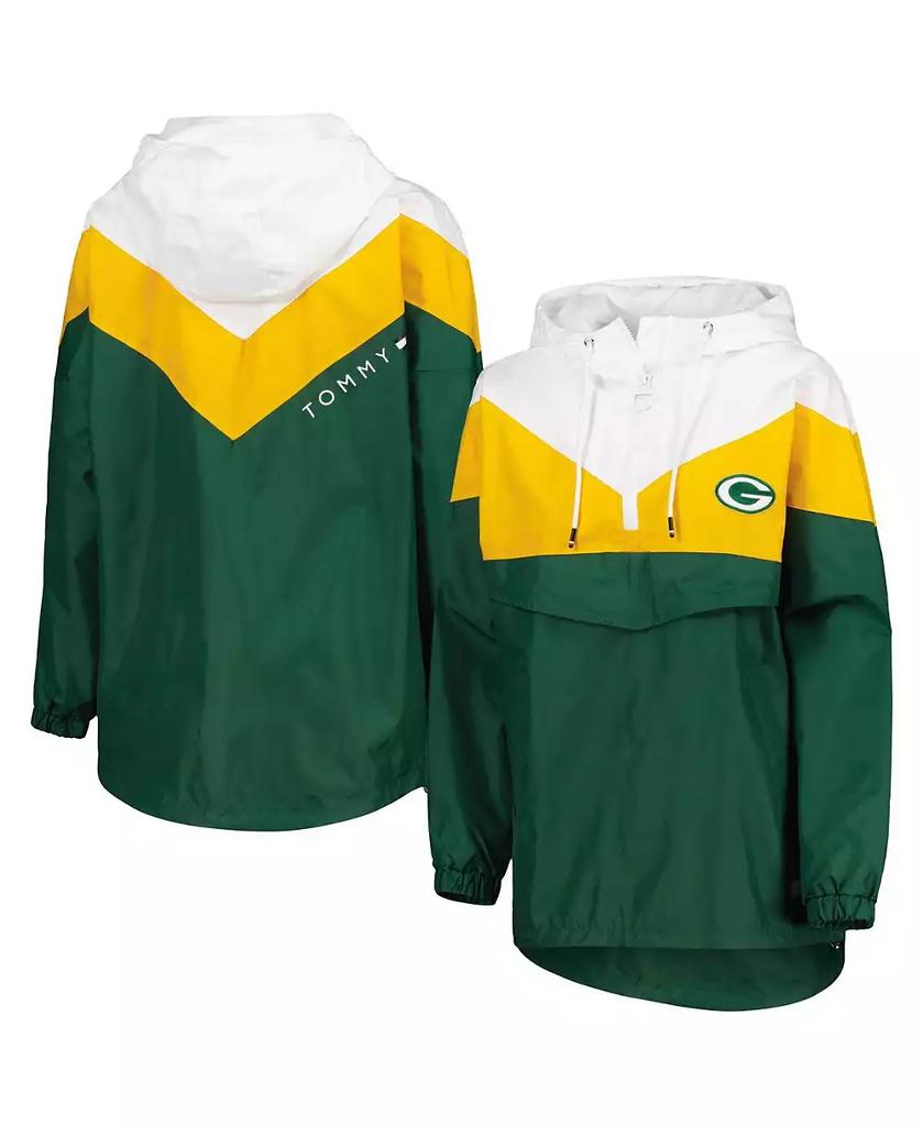 Tommy Hilfiger Women's White, Gold Green Bay Packers Staci Half-Zip Hoodie Windbreaker Jacket
