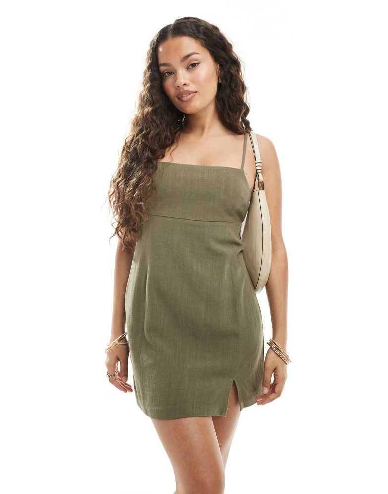 Shop Miss Selfridge Petite linen blend split hem cami dress in khaki on  Sale at BeyondStyle  Get 20% Off Miss Selfridge Petite linen blend split  hem cami dress in khaki with