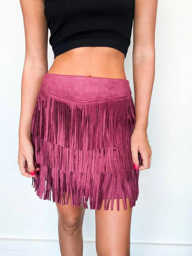 JADE BY JANE Suede Fringe Mini Skirt In Maroon 3