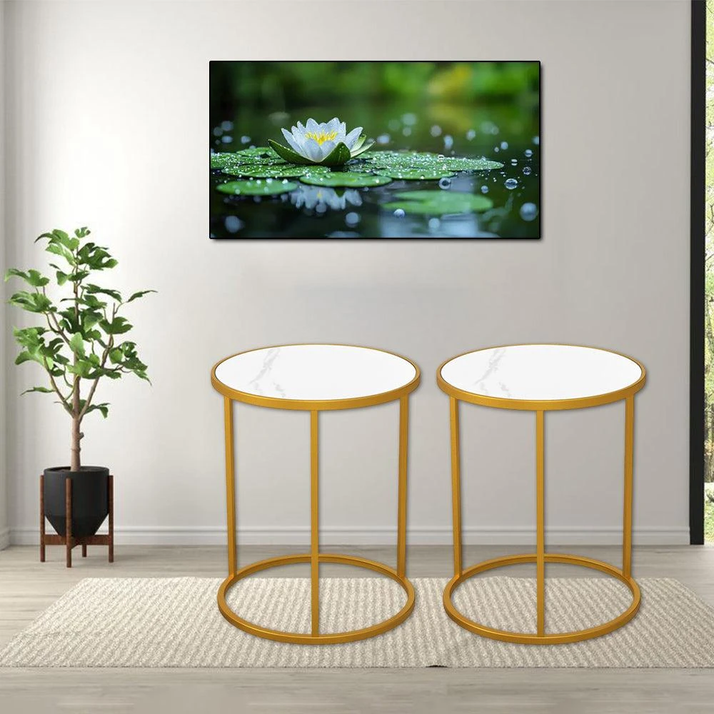Hivvago 16-Inch Modern Round Side Table with Marble-Style Top and Sleek Gold Metal Base for Living Room or Bedroom - Set of 2