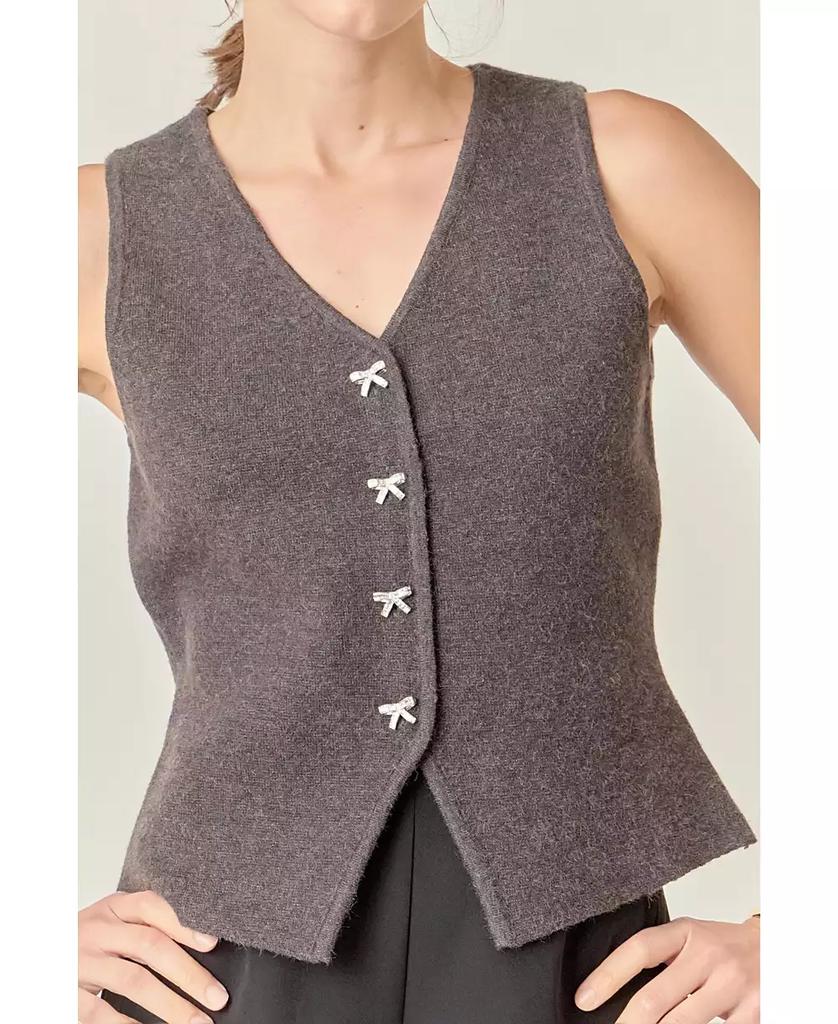English Factory Women's Rhinestone Bow Button Knit Vest