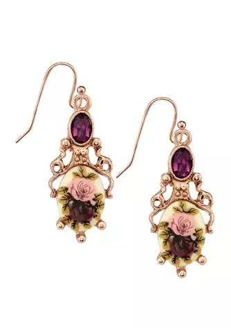 1928 Jewelry Rose Gold Tone Purple Crystal Flower Drop Earrings