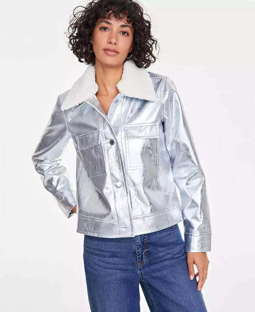 On 34th Plus Size Metallic Faux-Leather Sherpa-Trim Jacket, Exclusively at Macy's