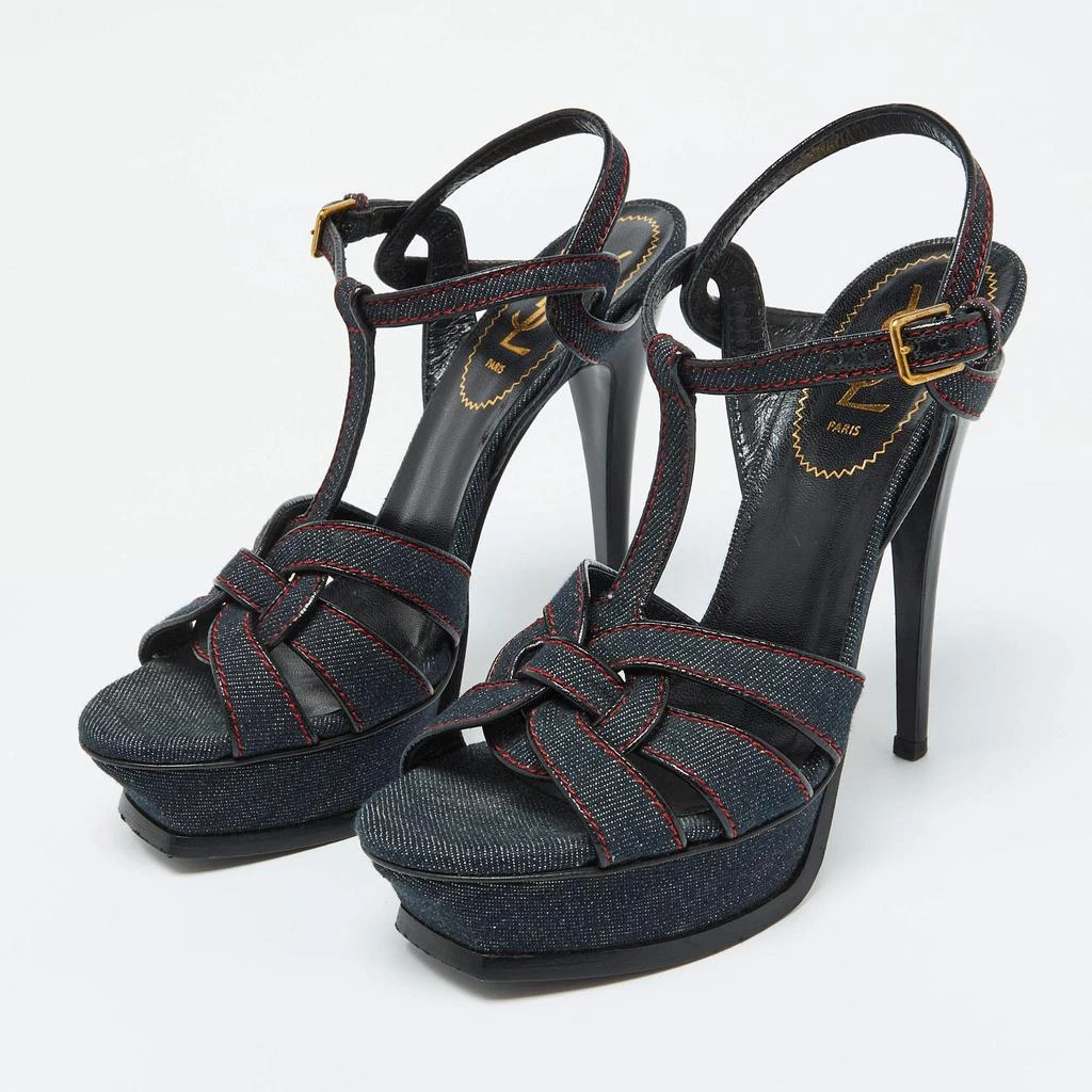 Yves Saint Laurent Yves Saint Laurent Blue Denim and Leather Platform Sandals Size 38.5 2