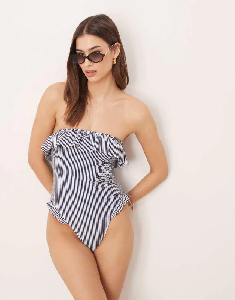 ASOS ASOS DESIGN Scarlet stripe bandeau frill swimsuit in indigo