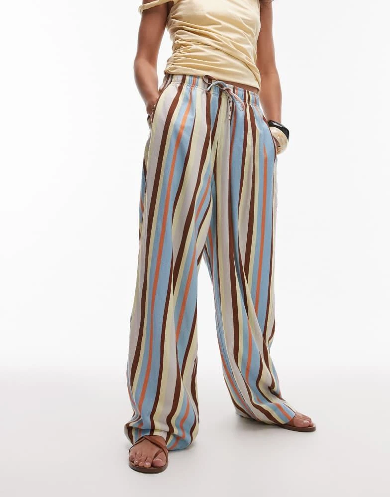 Topshop Topshop linen balloon trouser in blue multi stripe 4