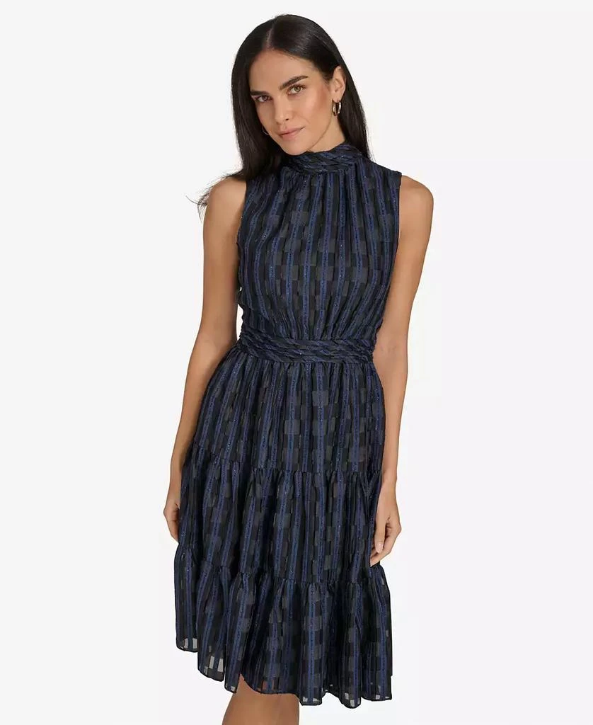 Calvin Klein Women's Checkered Shimmering Tiered A-Line Midi Dress 3