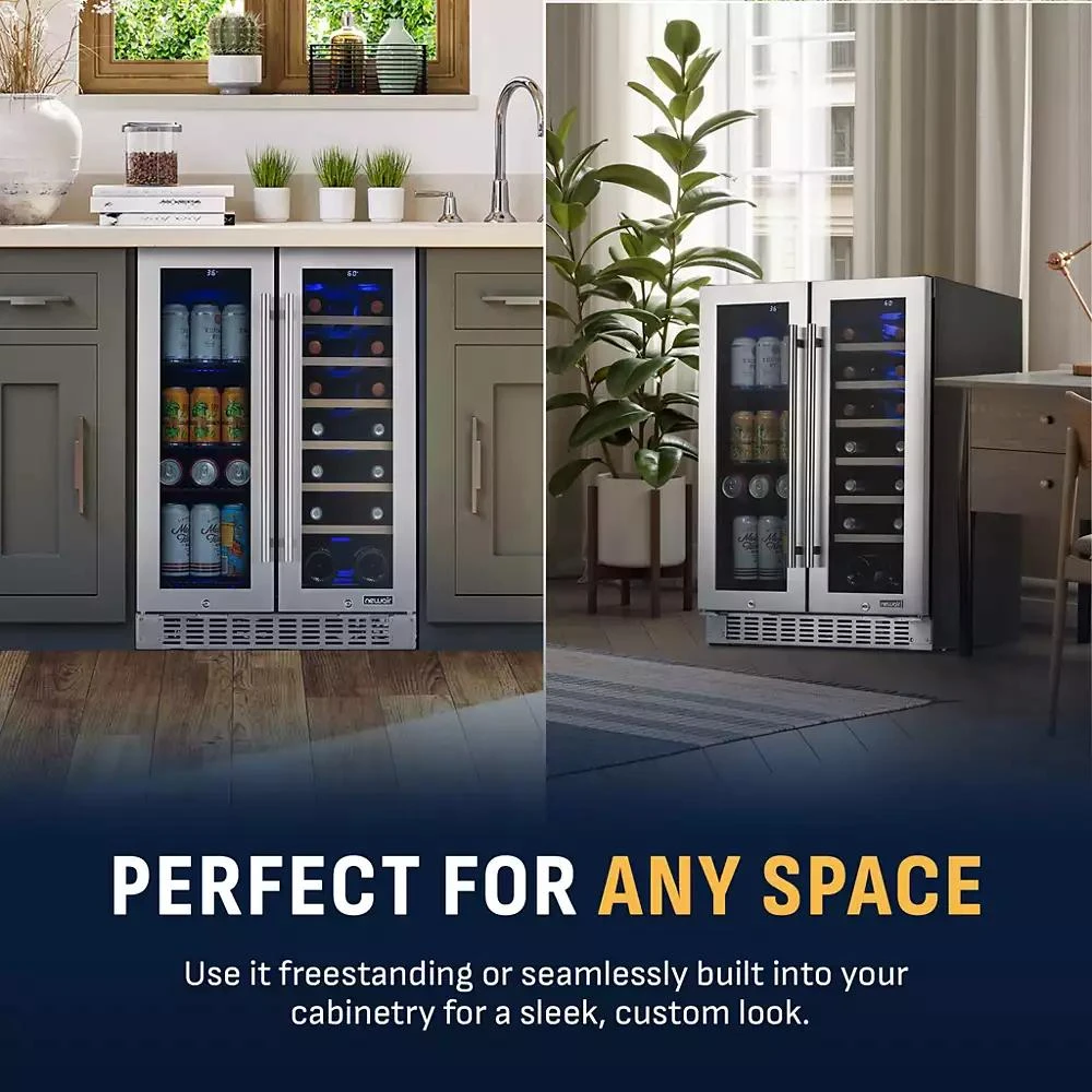 Newair 24 Inch Premium Built-in Dual Zone 20 Bottle and 60 Can French Door Wine and Beverage Fridge in Stainless Steel with SplitShelf 3