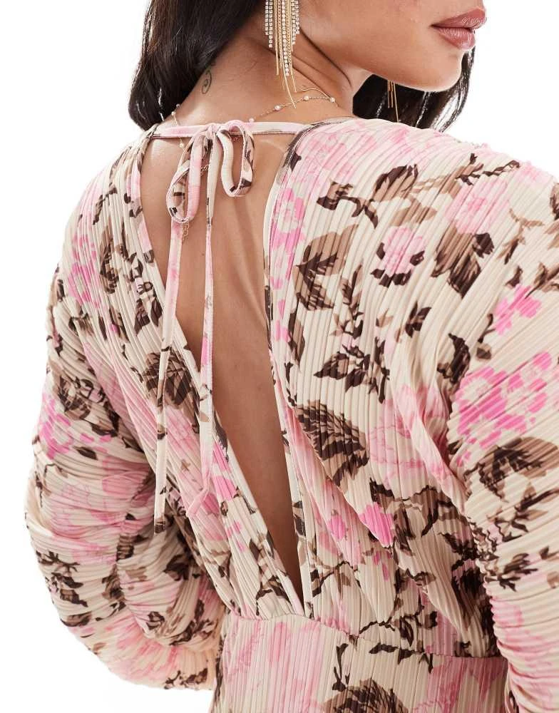Y.A.S. YAS pleated ruched full sleeve mini dress with low v beck in pink floral - MULTI 4
