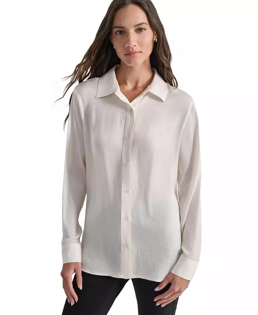 DKNY Petite Buttoned-Cuff Fold-Collar Blouse