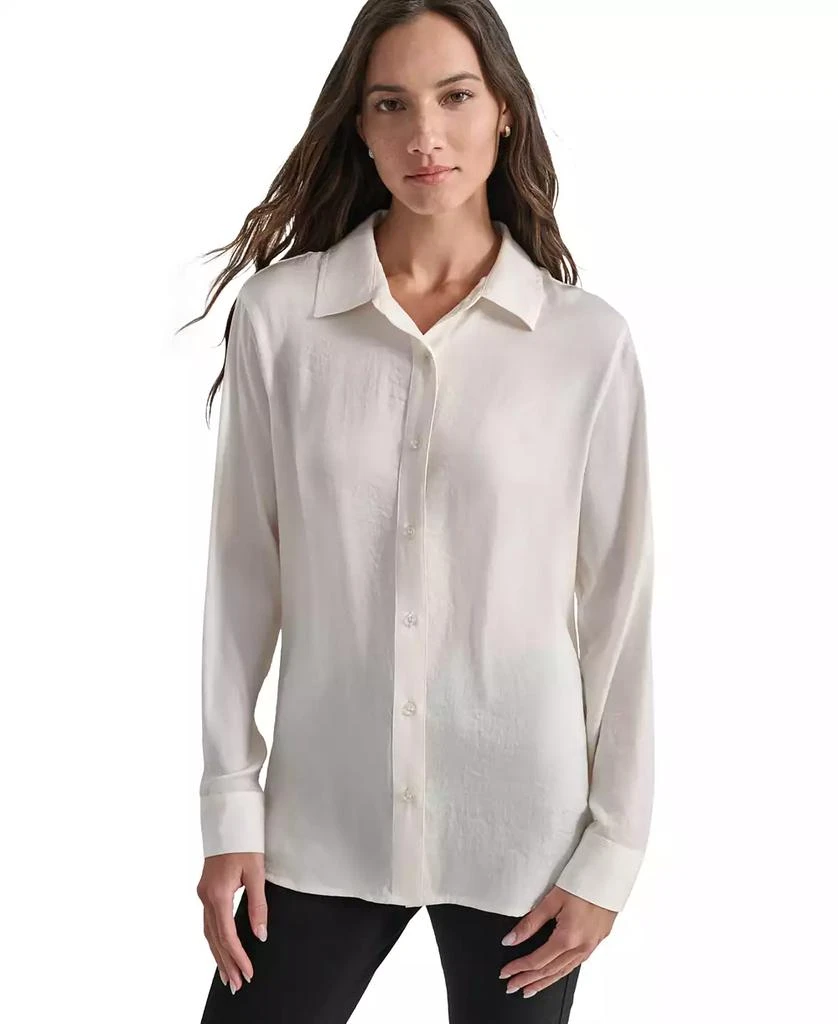 DKNY Jeans Petite Buttoned-Cuff Fold-Collar Blouse 1