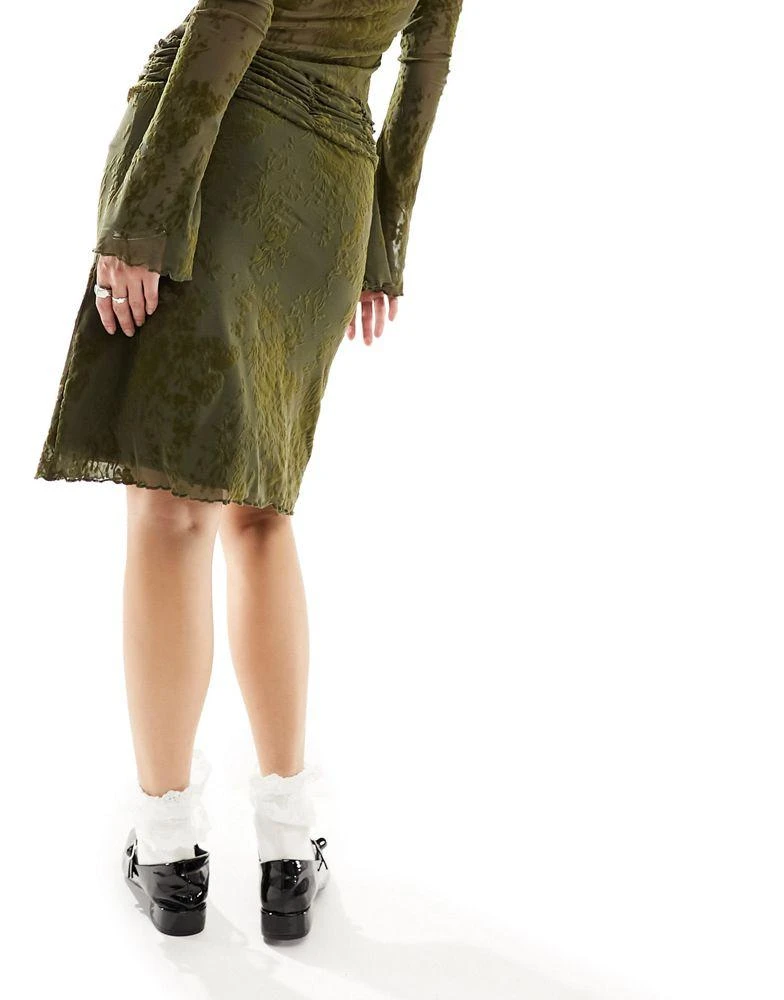 Motel Motel flocked floral knee-length skirt in olive green co-ord 3