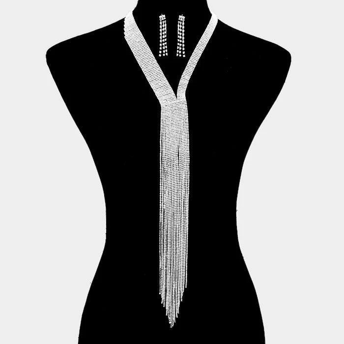 FASHNZFAB Rhinestone Pave Y Statement Necklace