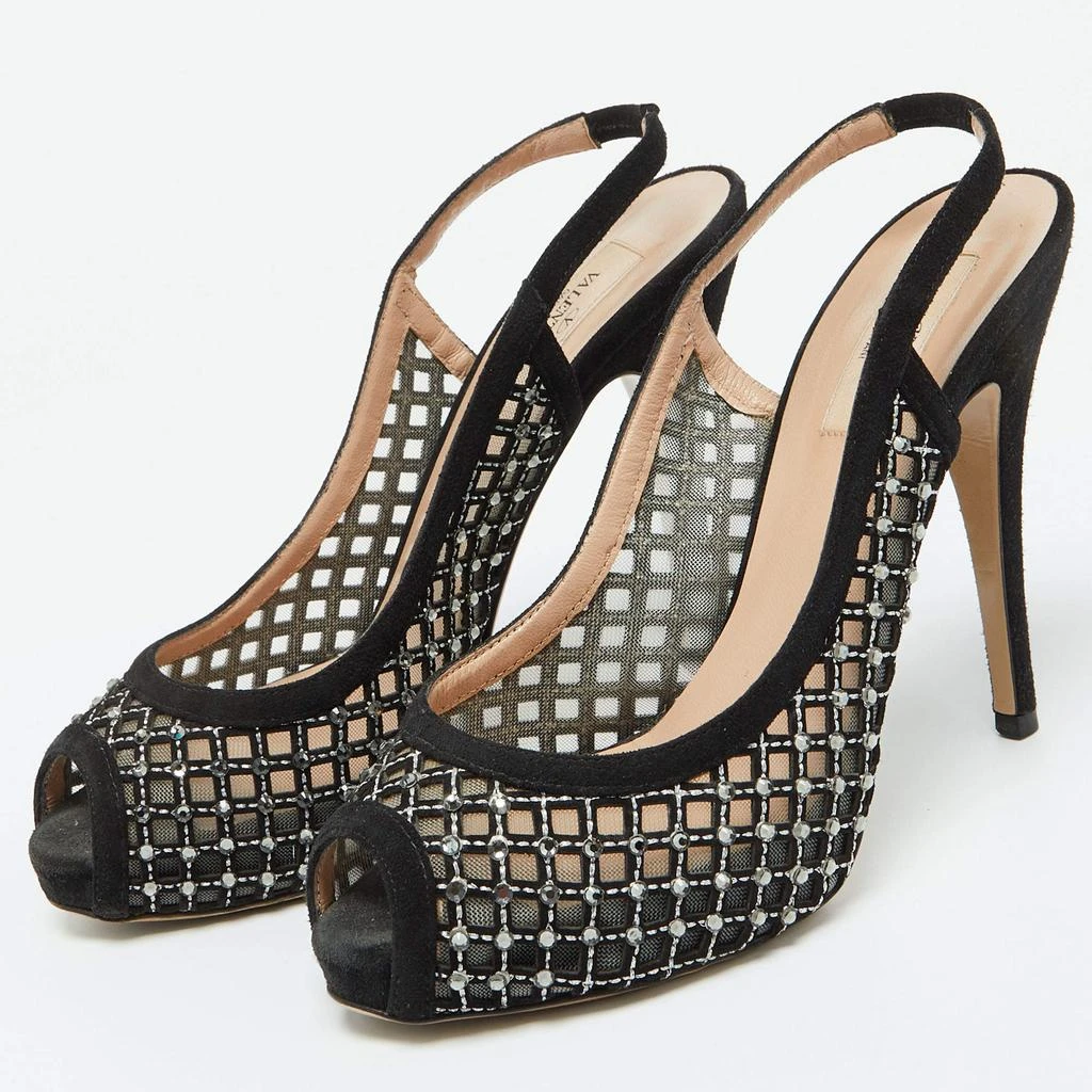 Valentino Valentino Black Mesh and Suede Crystal Embellished Peep Toe Pumps Size 38.5 2