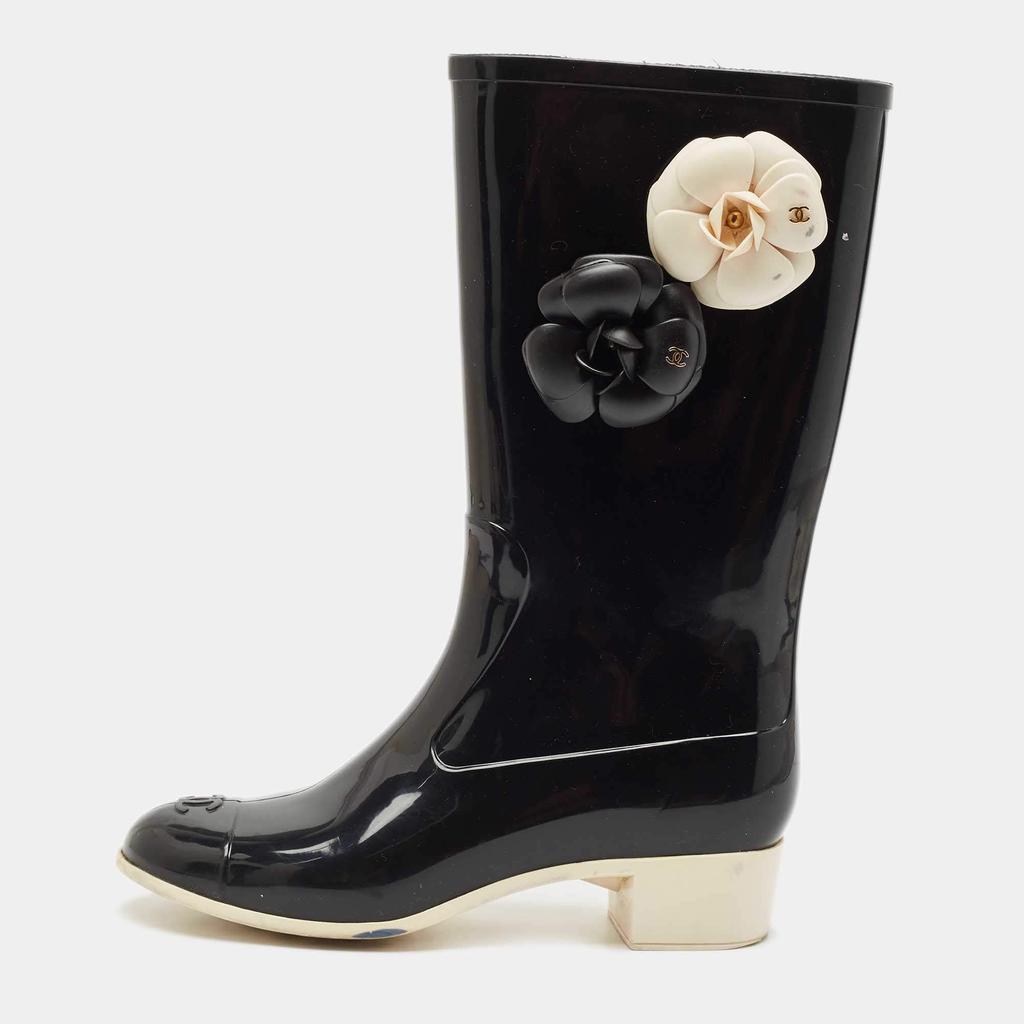 Chanel Chanel Black Rubber Camellia Embellished CC Rain Boots Size 39