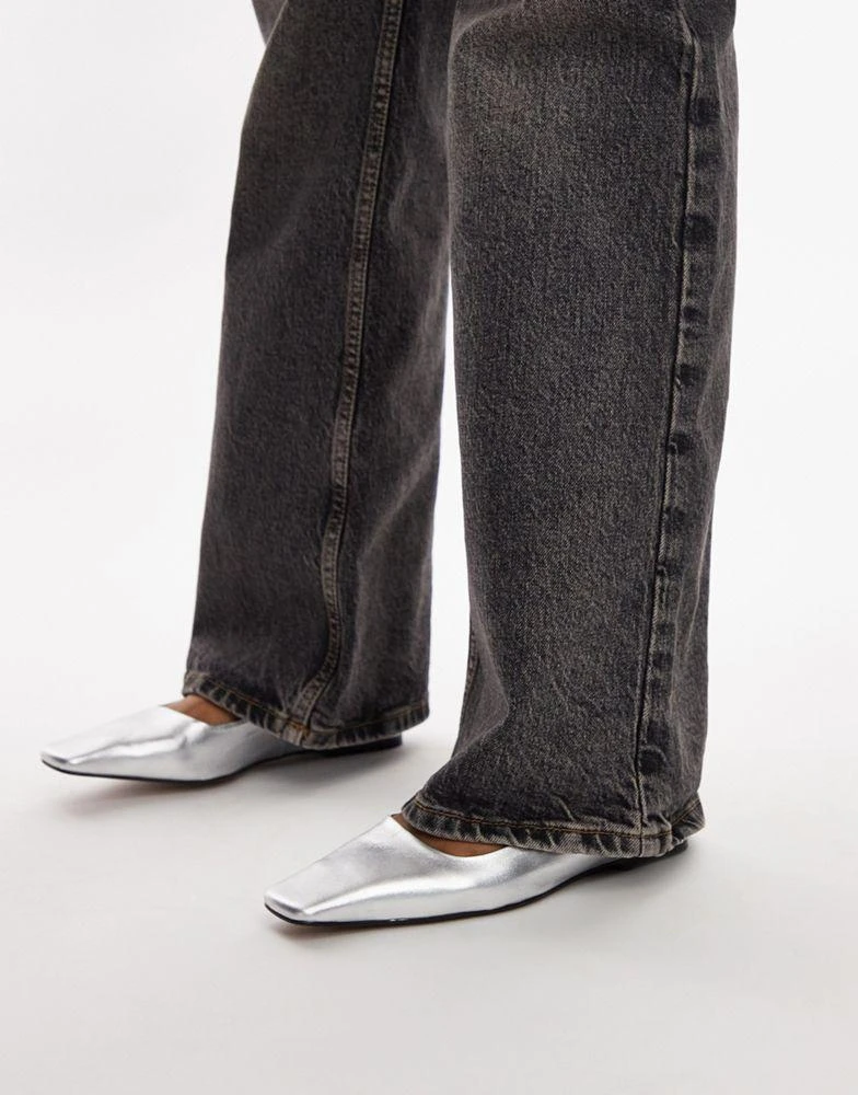 Topshop Topshop Blakely premium leather square toe ballet flats in silver 3