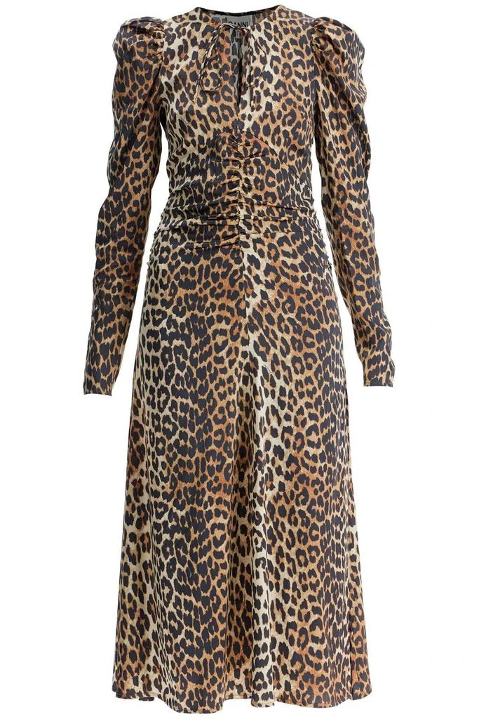 Ganni Ganni Leopard Print Satin Ruched Midi Dress 1