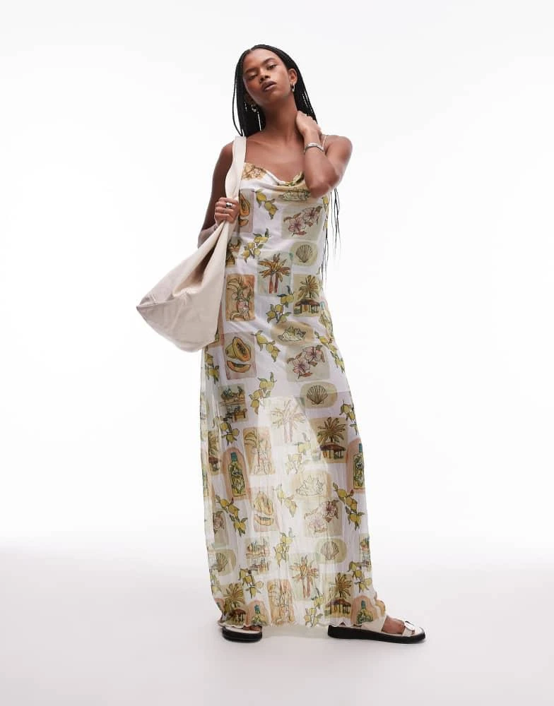 Shop Topshop crinkle cowl neck post card floral print maxi dress