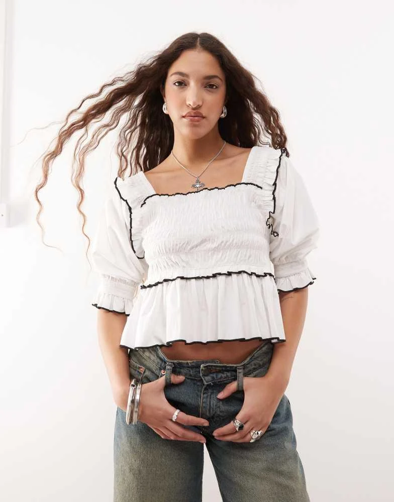 COLLUSION COLLUSION extreme ruched puff sleeve blouse with