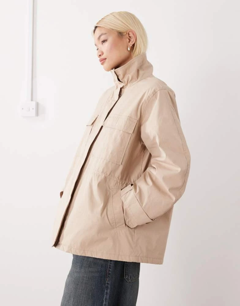 Monki Monki cinched waist parka jacket with detachable fur collar in beige