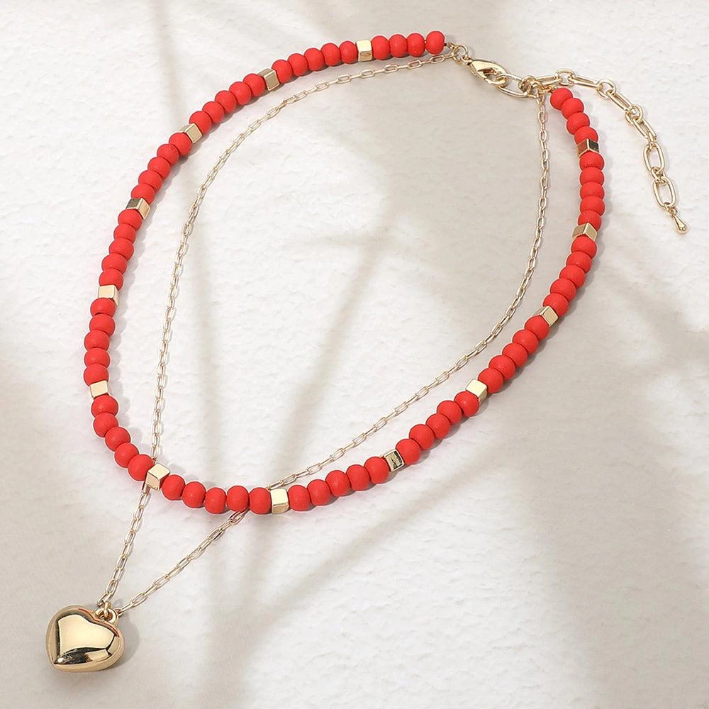FASHNZFAB Puffy Metal Heart Pendant Accent Wooden Ball Beaded Layered Necklace