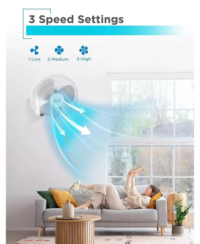 Black & Decker BLACK+DECKER 16" Wall Fan with Remote Control, Oscillating Fan with 3 Speed Settings and Shut Off Fan Timer, Wall Mount Fan with Adjustable Tilt Angle, White 5