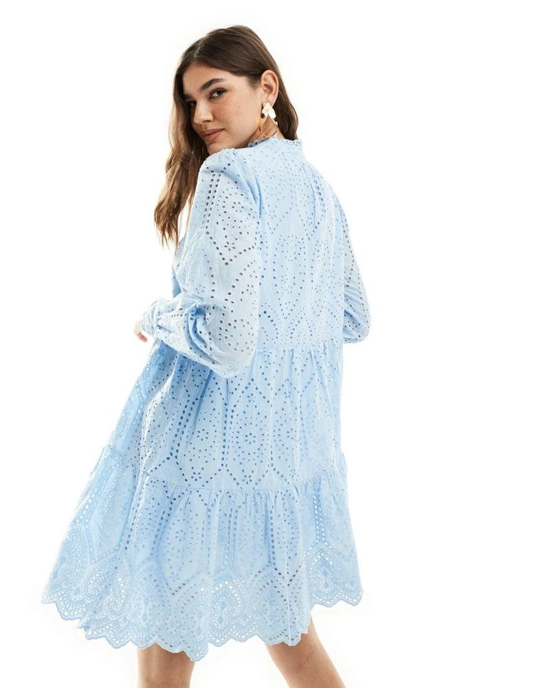 Y.A.S. YAS broderie smock mini dress in baby blue - LBLUE 3