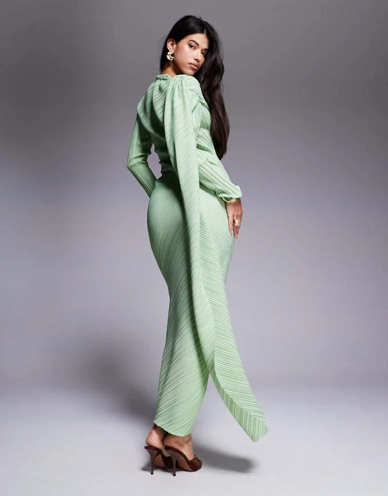 ASOS ASOS DESIGN plisse long sleeve drape detail maxi dress in mint green 2
