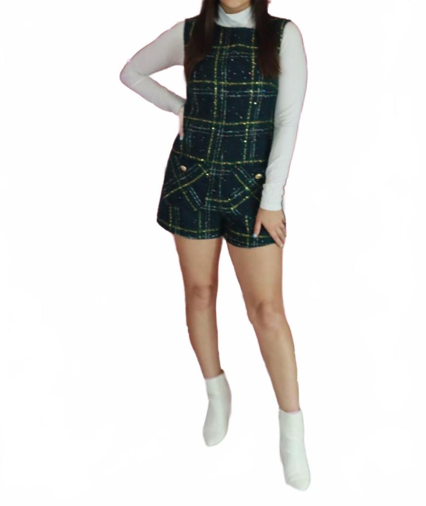 day + moon Plaid Tweed Romper With Tinsel In Green