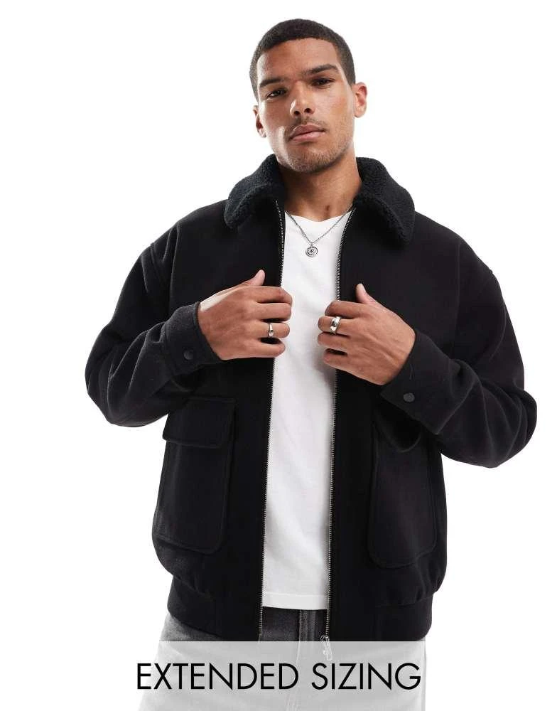 ASOS ASOS DESIGN wool look harrington jacket with borg collar in black 1