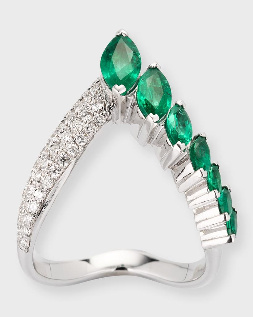 Nikos Koulis 18K White Gold Oui Ring with Marquise Emeralds and Pave White Diamonds
