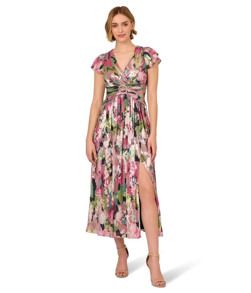 Adrianna Papell Floral Metallic Crinkle Gown