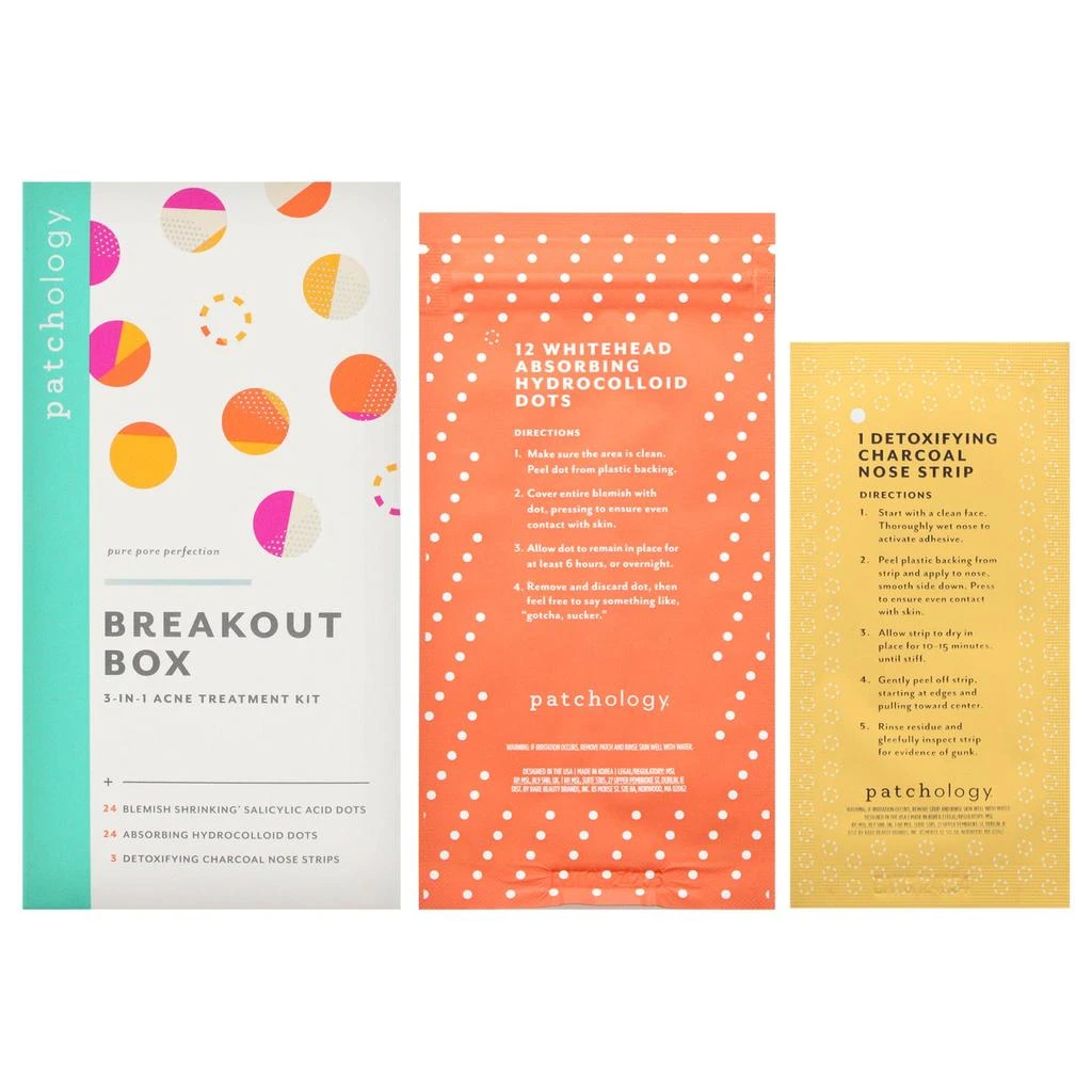 Patchology Breakout Box 3-in-1 Acne Treatment Kit by  for Unisex - 3 Pc 3Pc Blackhead-Eliminating Charcoal Nose Strips, 24Pc Pimple-Shrinking Salicylic Acid Dots, 24Pc Whitehead-Absorbing Hydrocolloid Dots