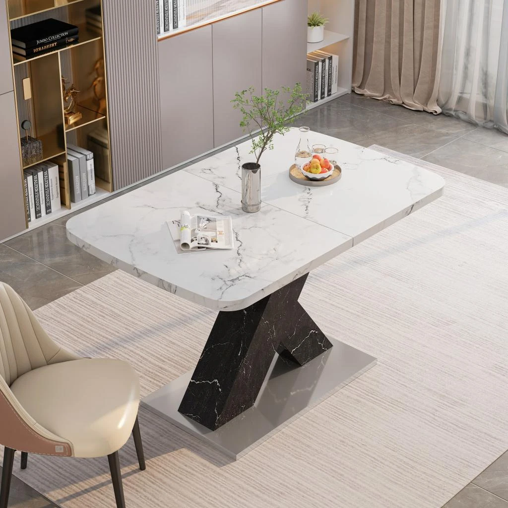 Streamdale Furniture Streamdale Modern Rectangle Dining Table, Stretchable, White Marble Top, Black X-Shape Leg
