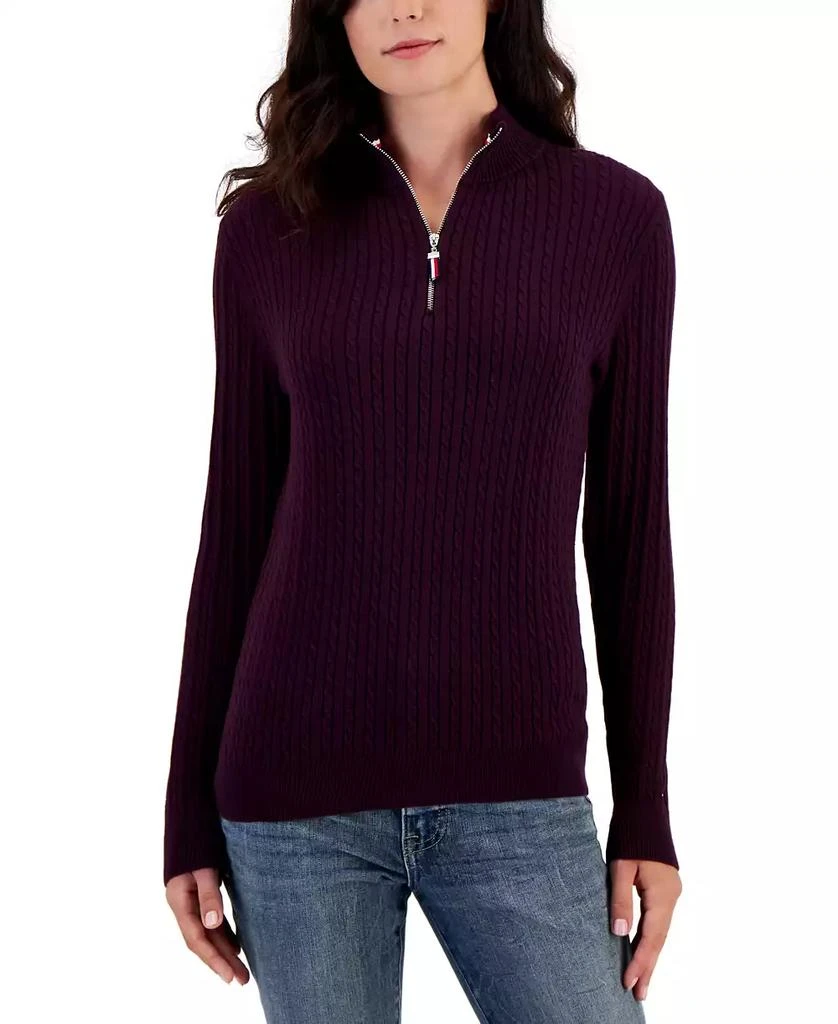 Tommy Hilfiger Women's Cotton Quarter-Zip Cable-Knit Sweater 1