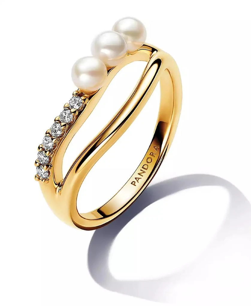 PANDORA Treated Freshwater Cultured   Pearl   Shaped Double Band with Clear Cubic Zirconia Stone Ring in 14k Gold-plated 3
