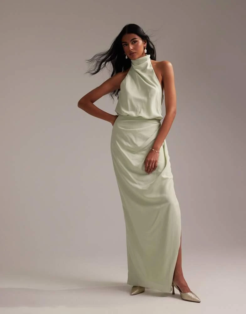 ASOS ASOS DESIGN draped halter column crepe maxi dress in light green 1