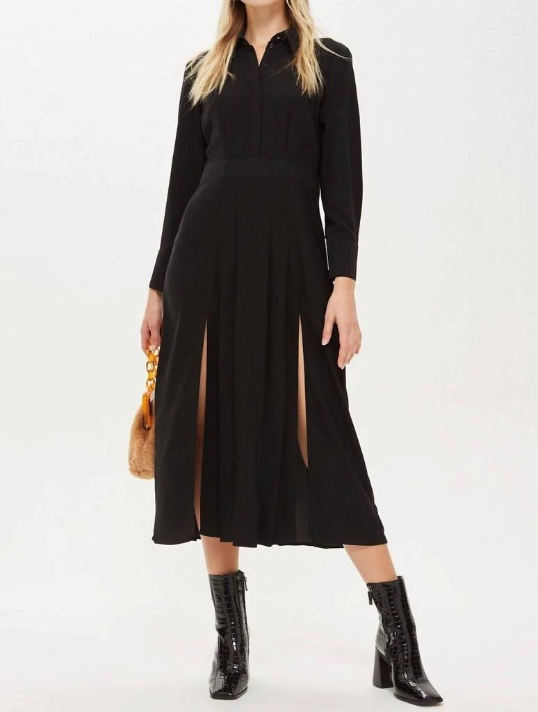 Pleated Button Down Casual Long Sleeve Midi Dress In Black  On Sale Now  with Up to 15% Off | Discover Exclusive Deals & Savings at BeyondStyle   Authentic Topshop women|clothing|dresses with