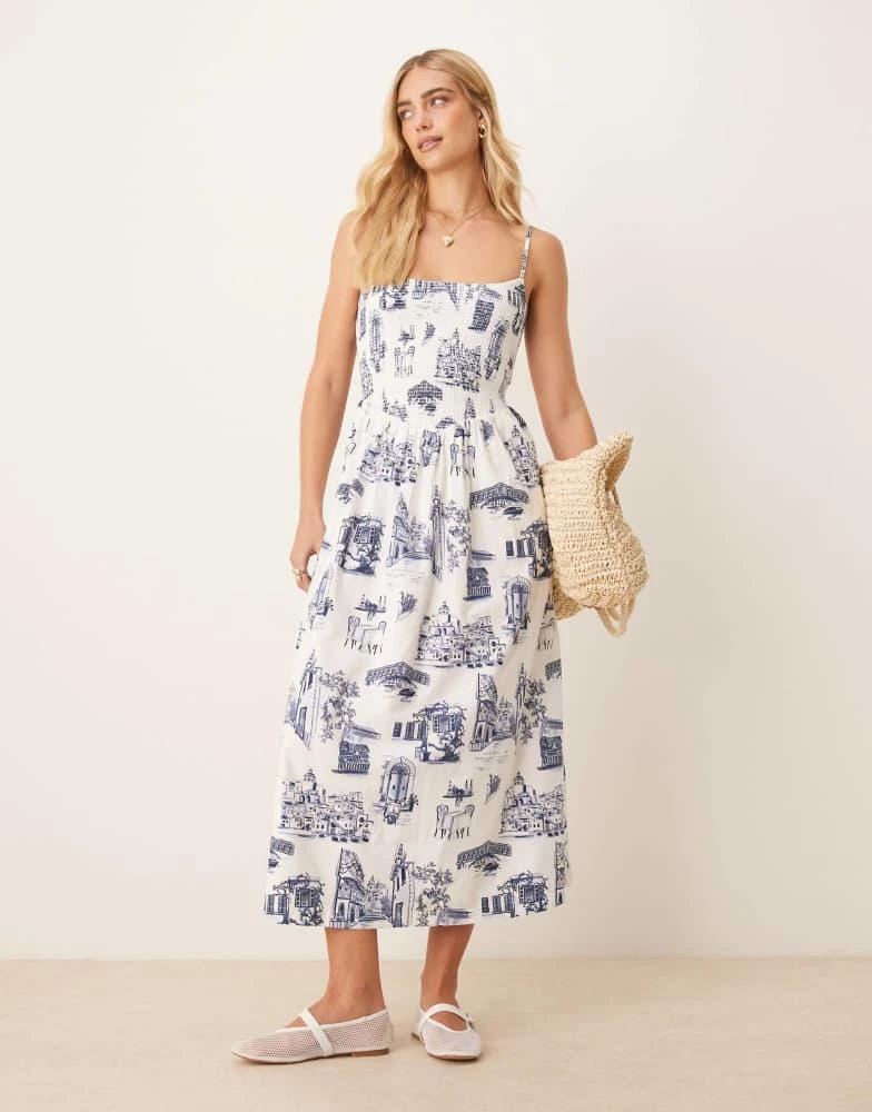 Abercrombie & Fitch Abercrombie & Fitch dipped waist smocked poplin midi dress in blue and white print 1