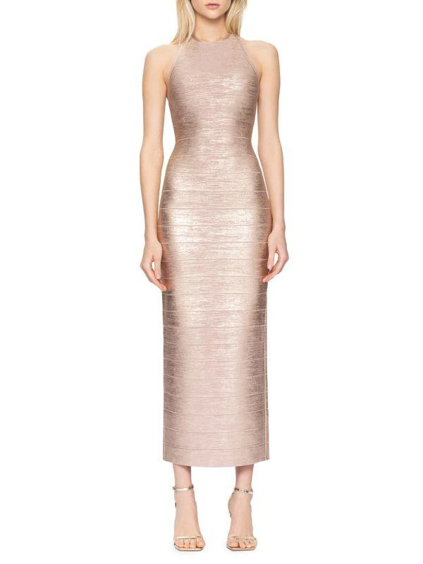 Herve Leger Foil Halter Bodycon Maxi Dress 1