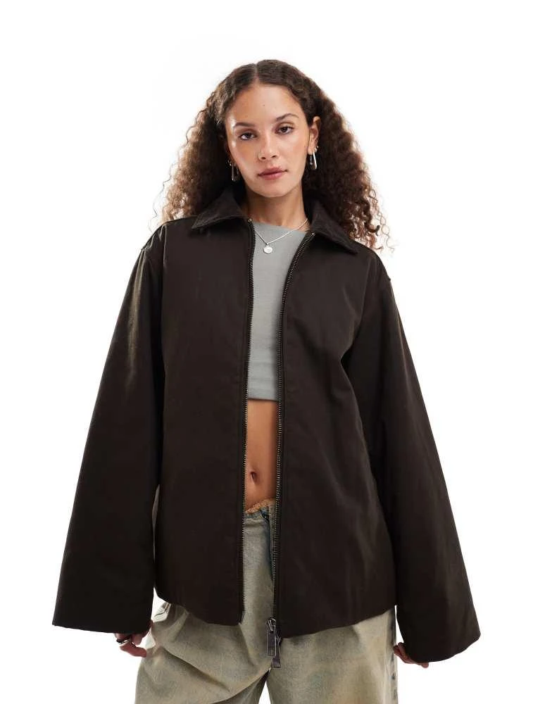 Weekday Weekday wax coated barn jacket in dark brown with contrast cord collar 4