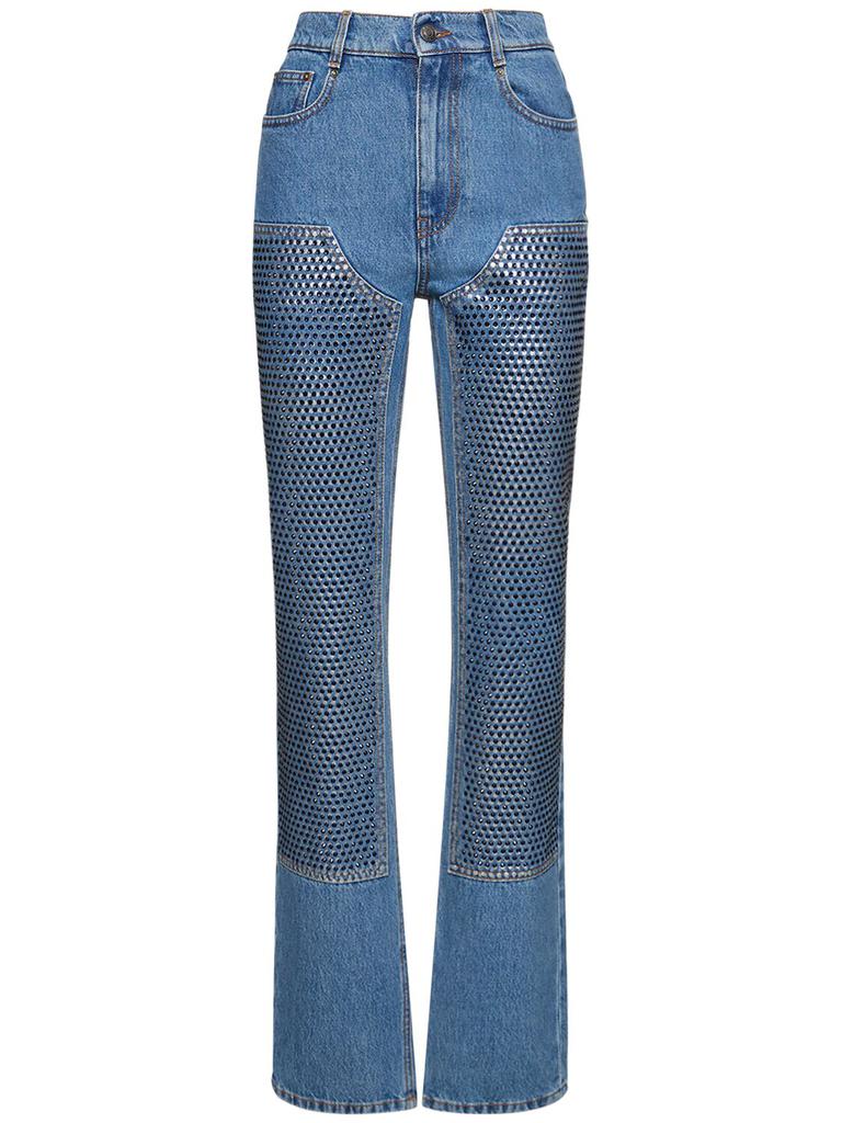 AREA Embellished Straight Leg Jeans