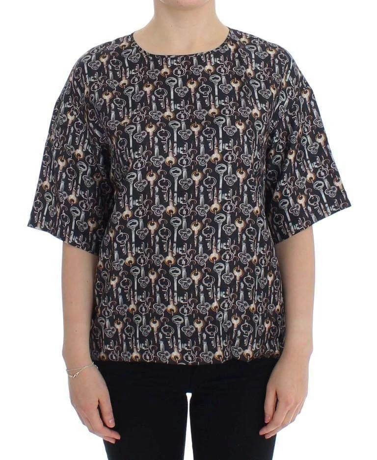 Dolce & Gabbana Dolce & Gabbana  Gray Gold Key Print Silk Blouse T-shirt 1