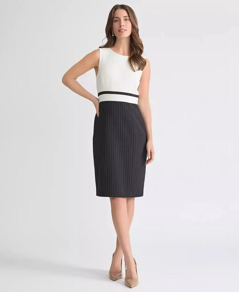 Kasper Petite Size Coordinating Crepe Pinstripe Sheath Dress, Womens, 6P, Vanilla Ice/Black Kasper Petite Size Coordinating Crepe Pinstripe Sheath Dress, Womens, 6P, Vanilla Ice/Black