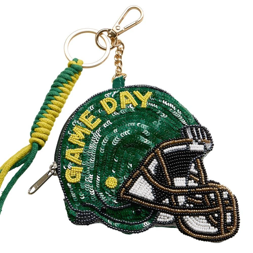 FASHNZFAB OREGON GAME DAY Football Helmet Sequin Seed Beaded Knot Keychain Mini Pouch Bag 3