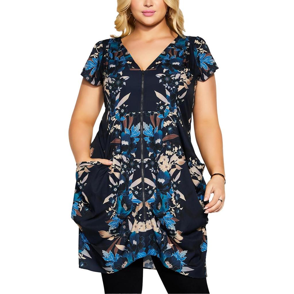 City Chic Plus Womens Floral Print Pleated Tunic Top