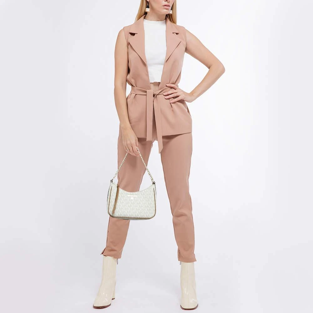 Michael Kors Michael Kors White/Brown Signature Coated Canvas and Leather Jet Set Charm Pochette Bag 2