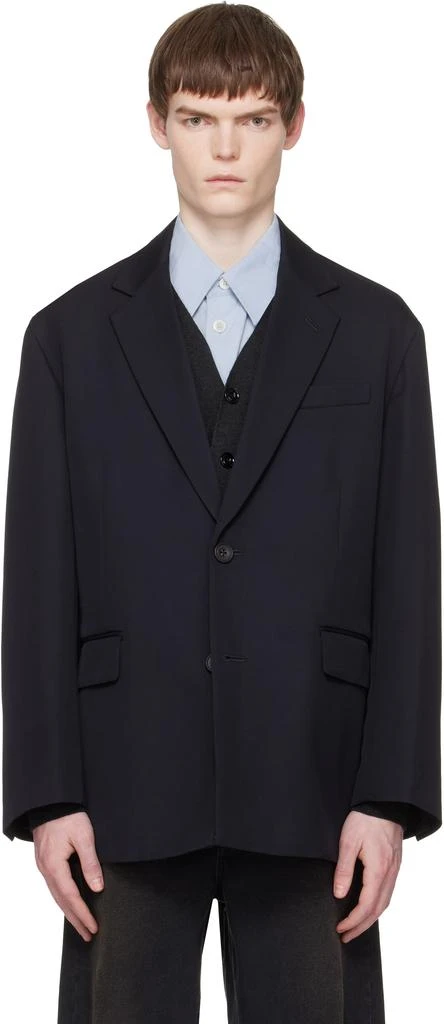 stein Navy Wool Kersey Oversized Single Breasted Blazer