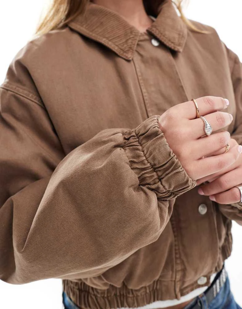 ASOS ASOS DESIGN denim bomber jacket with cord collar in brown 2